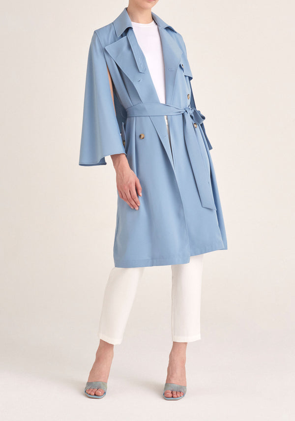 Paisie Cape Sleeve Trench Coat in Light Blue